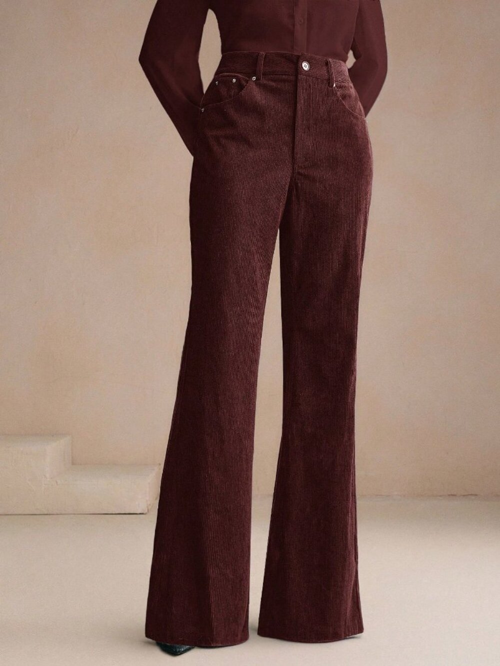 Rust Brown Casual Women's Embroidered Corduroy Flare Trousers - Picture 5 of 8